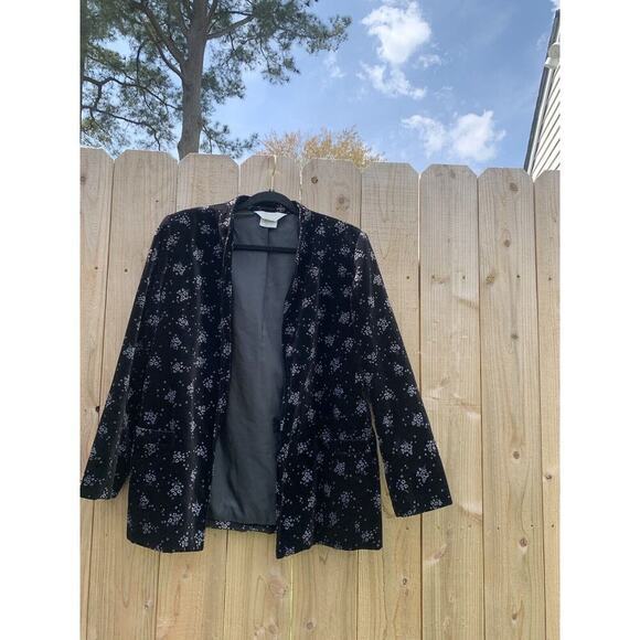 Vintage Tan Jay‎ Velour Open Jacket Black Floral size 14 grey blazer spring - Picture 2 of 7